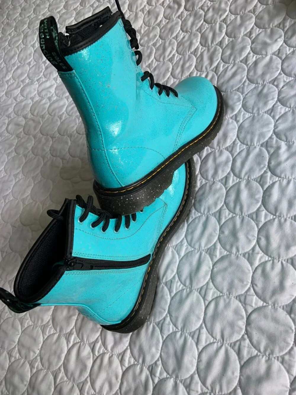 Dr. Martens 1460 Teal Glitter Patent Boots girls sz 6 like new